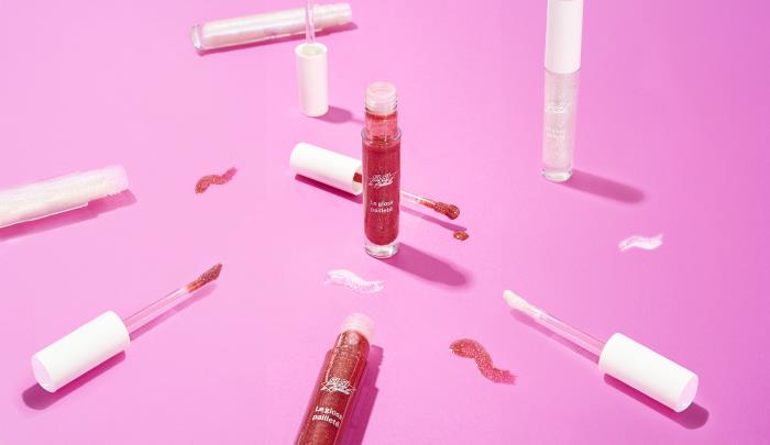Recycled PET dip-in pack for glittery lip gloss